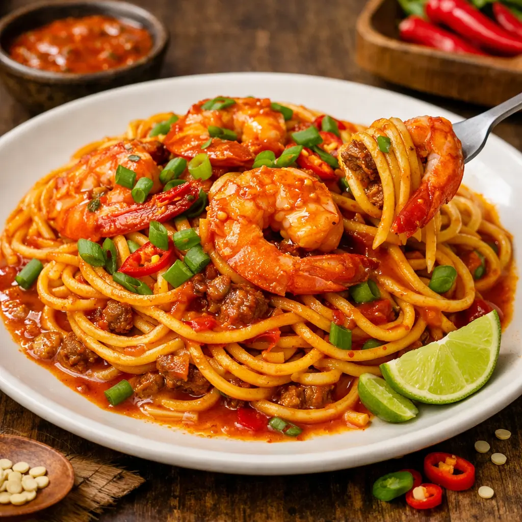 Spaghetti Udang Saus Padang